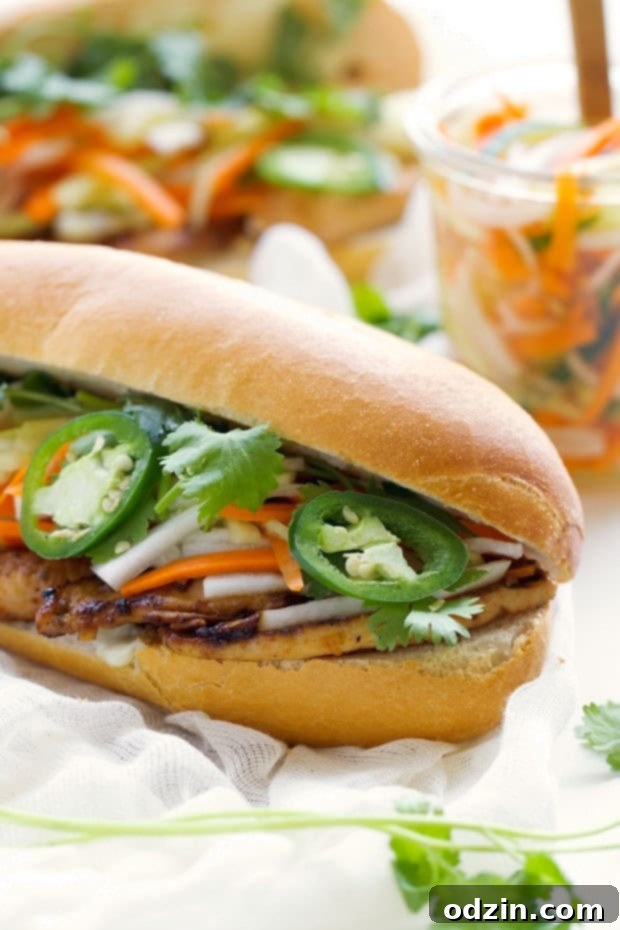Close up of a freshly made chicken Banh Mi sandwich, showcasing tender chicken, pickled vegetables, and fresh herbs inside a crispy baguette.