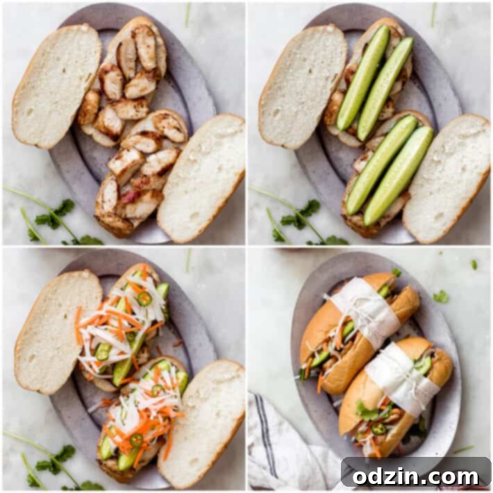 Step-by-step assembly of a Vietnamese chicken Banh Mi sandwich, showing bread, chicken, and vegetables being layered.