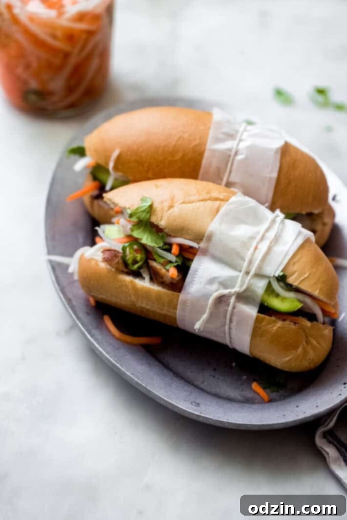 A plate of two beautiful Vietnamese Banh Mi sandwiches, showcasing their golden baguettes and colorful fillings.