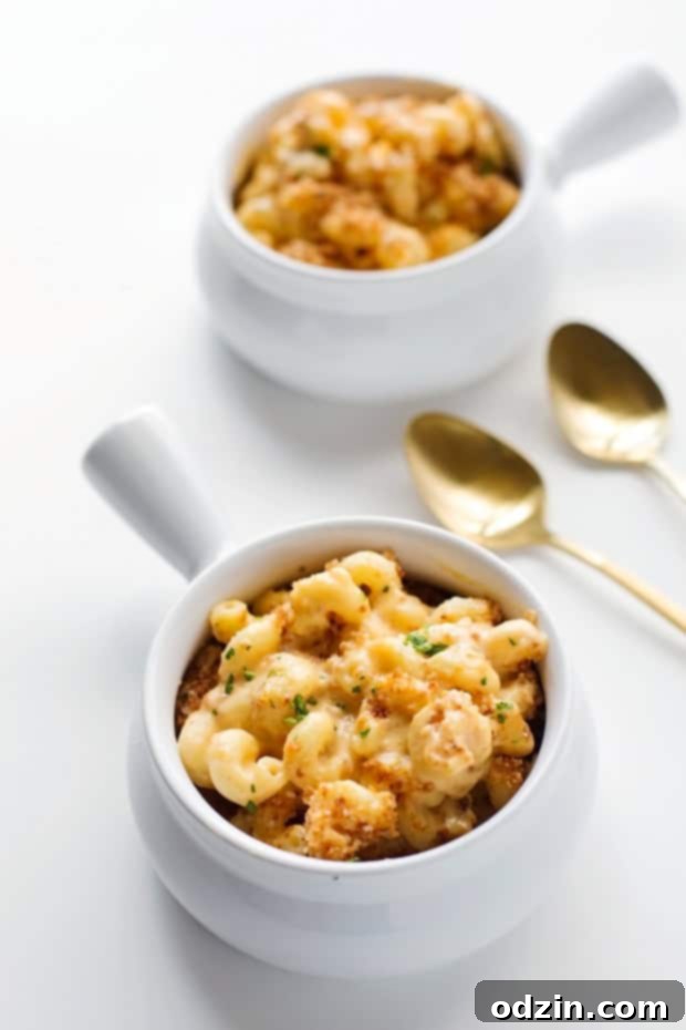 Large casserole dish of creamy mac and cheese with toasted panko topping