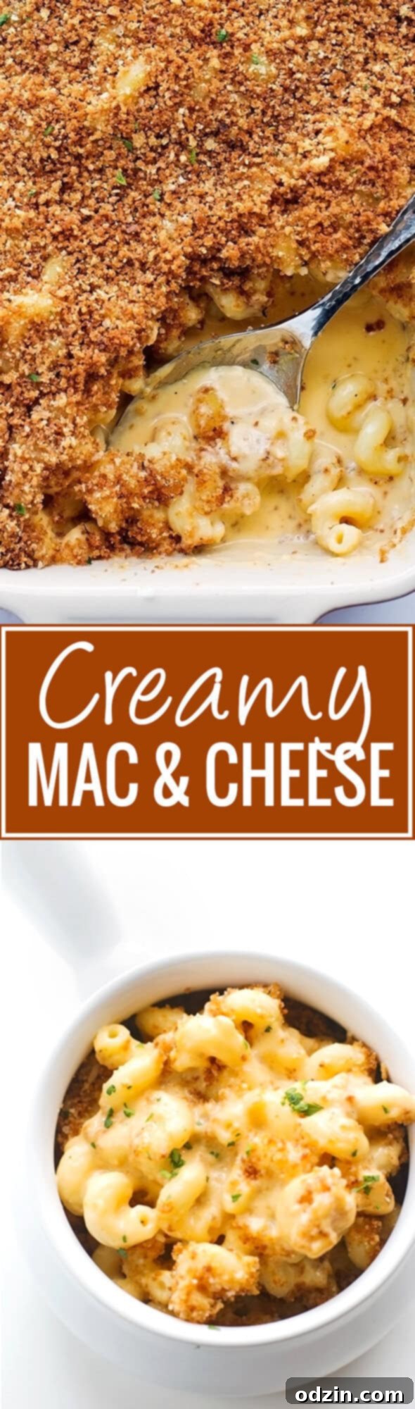 Final dish of creamy mac and cheese with golden panko topping