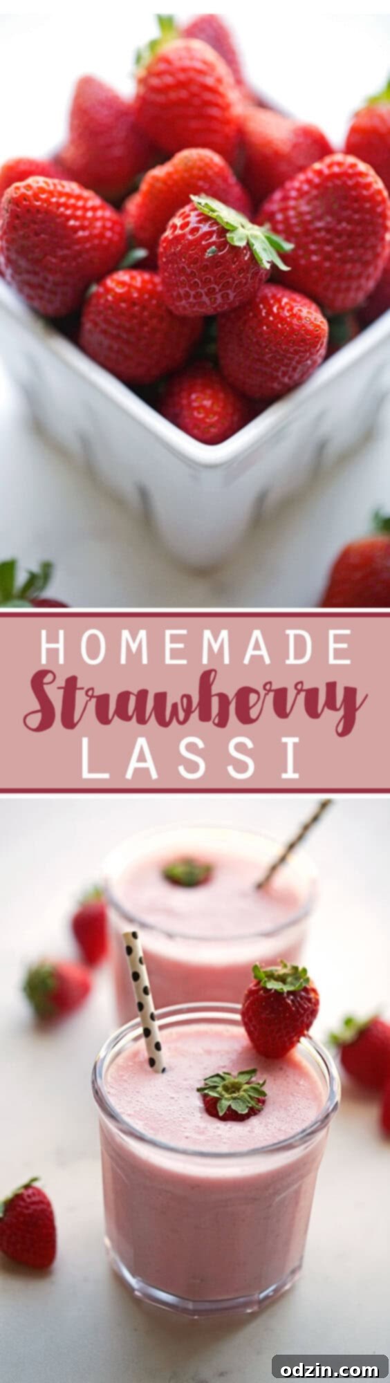 A tall, elegant glass of Strawberry Rose Lassi with a straw, placed on a light wooden surface next to fresh strawberries. Highlights its refreshing quality and appeal as a healthy, homemade drink.