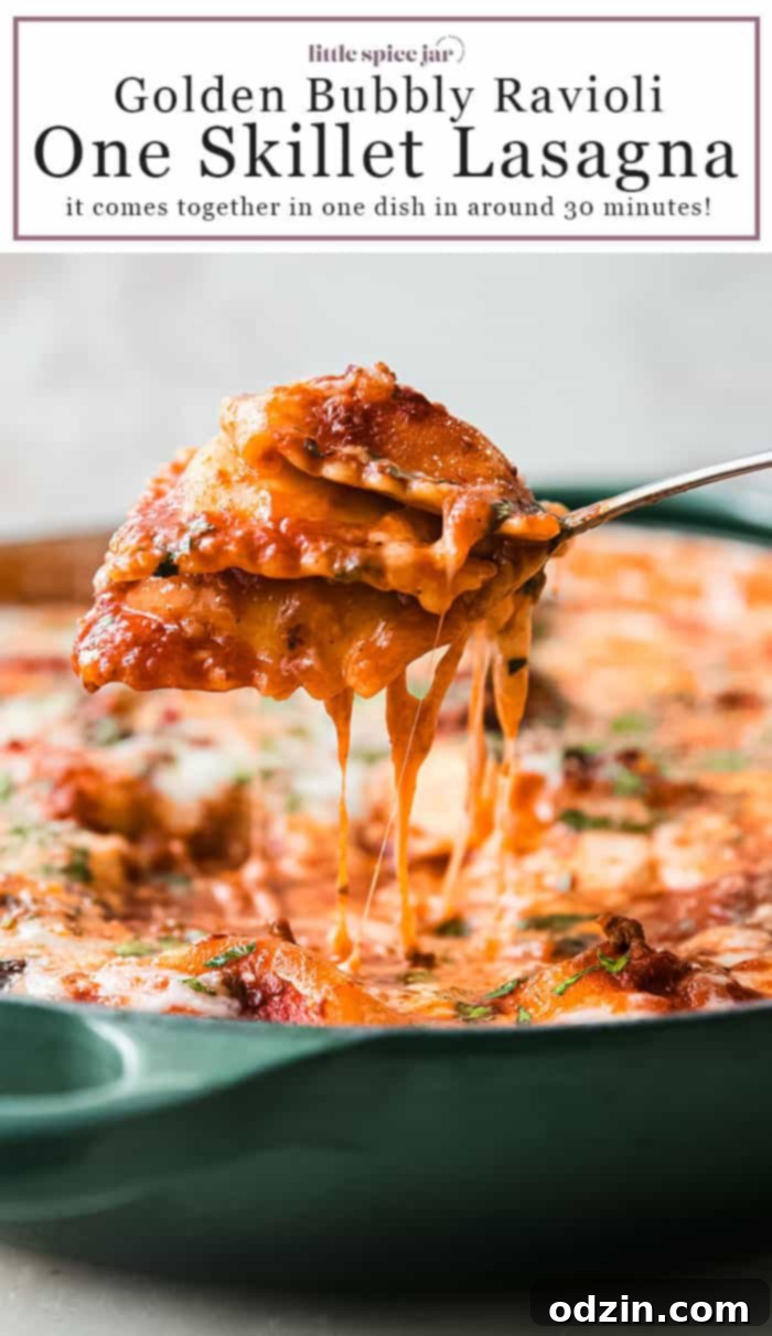 Pinterest pin for Lazy Ravioli Skillet Lasagna recipe, a quick one-pot meal