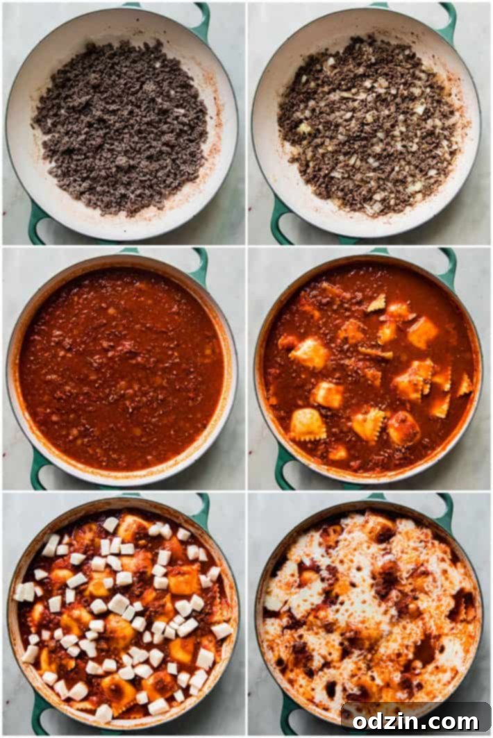 Cheater's Skillet Ravioli Lasagna 4 Visual steps for preparing ravioli skillet lasagna, including browning meat, sautéing vegetables, and simmering sauce