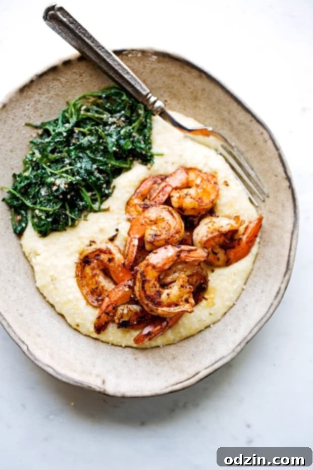 Cajun Shrimp and Grits with Garlic Kale - a lightened-up comfort food for brunch