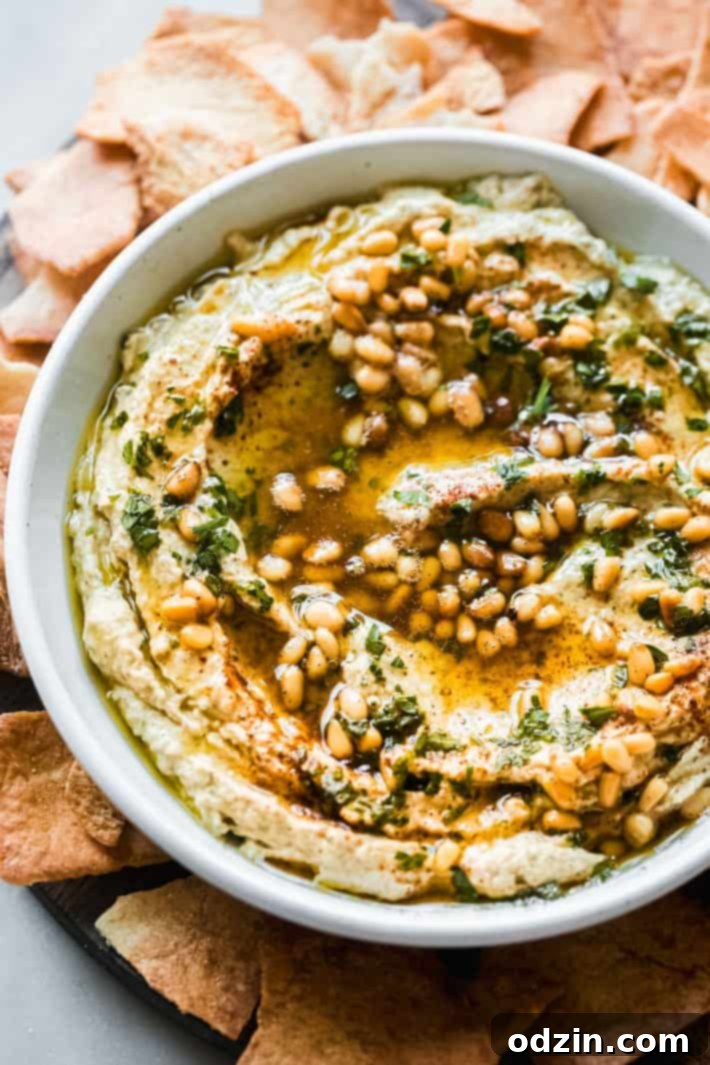 Freshly made baba ganoush in a bowl, garnished with parsley and olive oil, with pita bread for dipping.