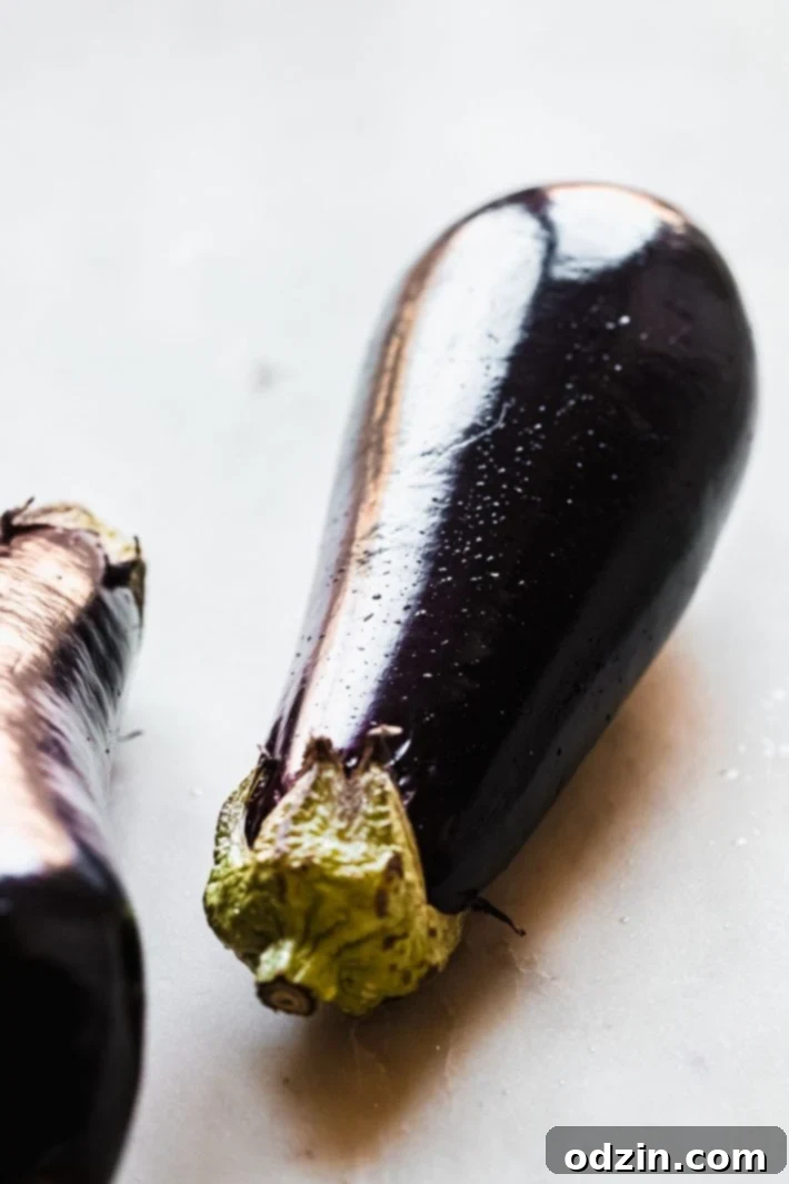 Ingredients for baba ganoush laid out on a table, including eggplant, garlic, lemon, tahini, and olive oil.