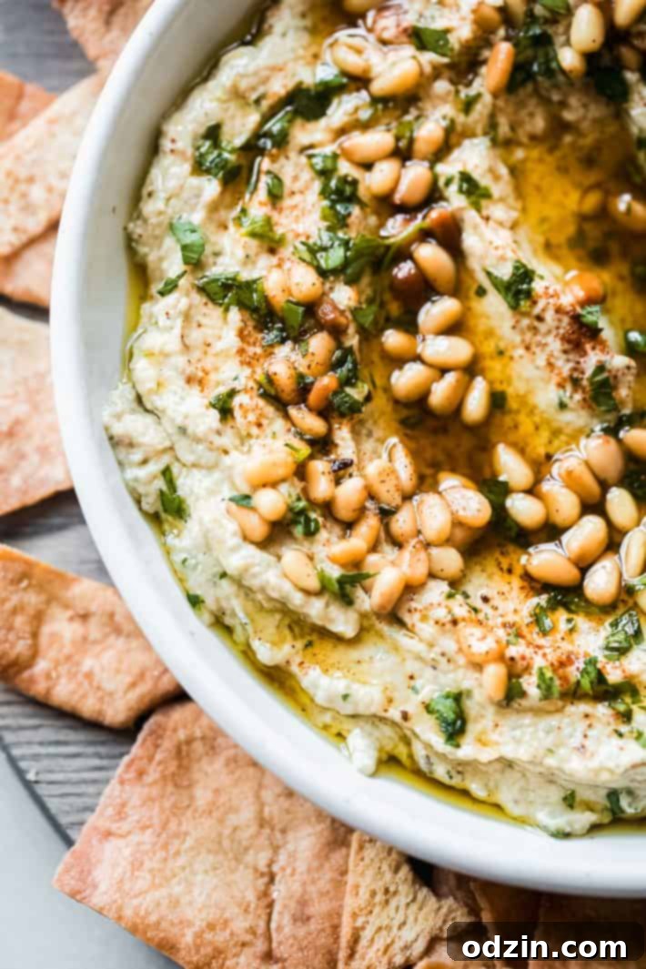 A bowl of baba ganoush with pita chips and fresh vegetables on the side, ready for dipping.