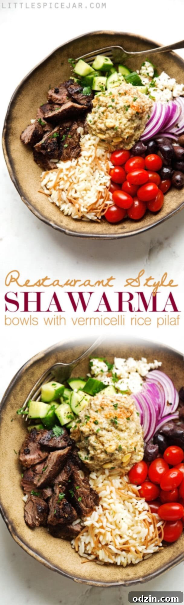 Full visual recipe guide or infographic for making Beef Shawarma Bowls with Vermicelli Rice Pilaf, showing steps and ingredients. #recipeguide #cookingtips #shawarmarecipe