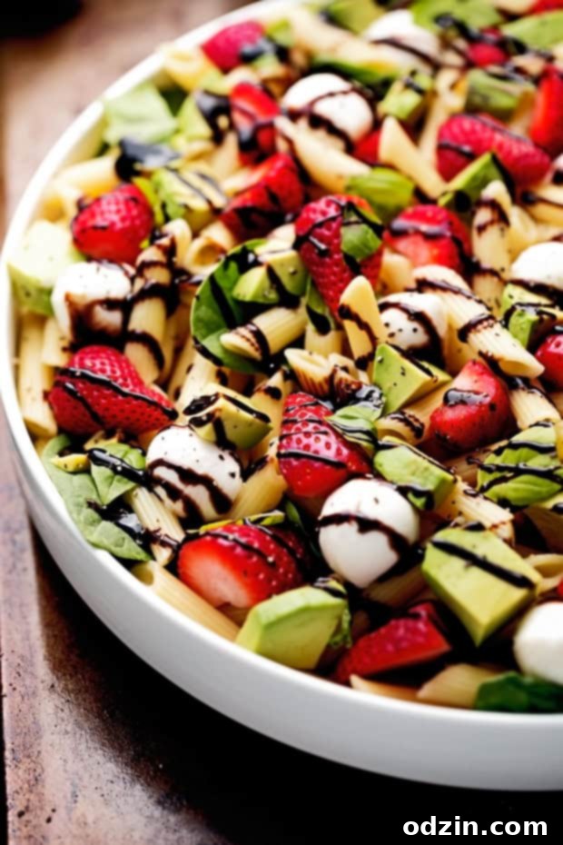 Strawberry Caprese Pasta Salad - Made with a homemade balsamic glaze, this salad is to die for! #pastasalad #capresepastasalad #balsamicglaze | Littlespicejar.com