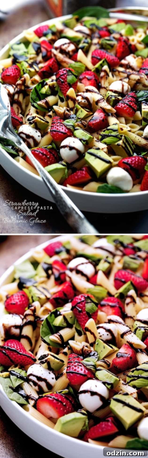 Strawberry Caprese Pasta Salad - Made with a homemade balsamic glaze, this salad is to die for! #pastasalad #capresepastasalad #balsamicglaze | Littlespicejar.com
