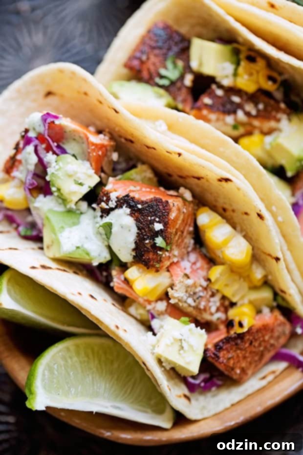 Blackened Salmon Tacos with Jalapeño Lime Crema - Easy Salmon tacos topped with your favorite taco toppings and my jalapeño lime crema! #fishtacos #blackenedsalmontacos #salmontacos #blackedfishtacos | Littlespicejar.com Blackened Salmon Tacos with Jalapeño Lime Crema - Easy Salmon tacos topped with your favorite taco toppings and my jalapeño lime crema! #fishtacos #blackenedsalmontacos #salmontacos #blackedfishtacos | Littlespicejar.com