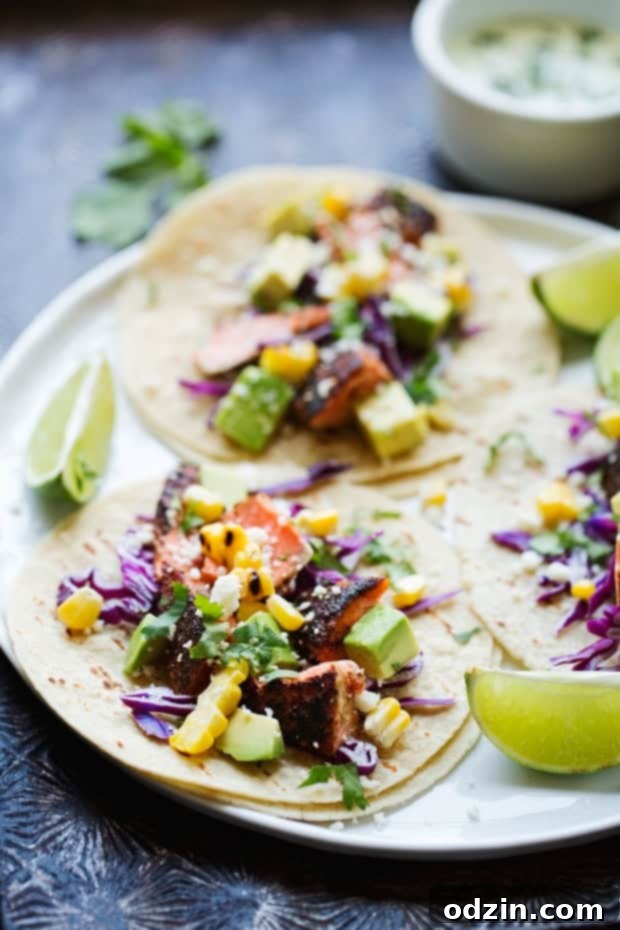 Blackened Salmon Tacos with Jalapeño Lime Crema - Easy Salmon tacos topped with your favorite taco toppings and my jalapeño lime crema! #fishtacos #blackenedsalmontacos #salmontacos #blackedfishtacos | Littlespicejar.com Blackened Salmon Tacos with Jalapeño Lime Crema - Easy Salmon tacos topped with your favorite taco toppings and my jalapeño lime crema! #fishtacos #blackenedsalmontacos #salmontacos #blackedfishtacos | Littlespicejar.com