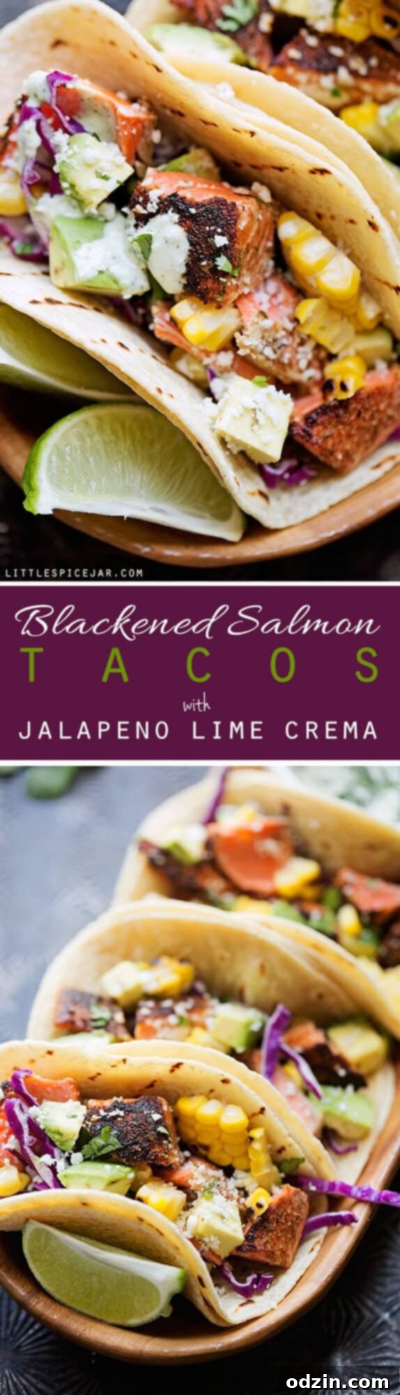 Blackened Salmon Tacos with Jalapeño Lime Crema - Easy Salmon tacos topped with your favorite taco toppings and my jalapeño lime crema! #fishtacos #blackenedsalmontacos #salmontacos #blackedfishtacos | Littlespicejar.com Blackened Salmon Tacos with Jalapeño Lime Crema - Easy Salmon tacos topped with your favorite taco toppings and my jalapeño lime crema! #fishtacos #blackenedsalmontacos #salmontacos #blackedfishtacos | Littlespicejar.com