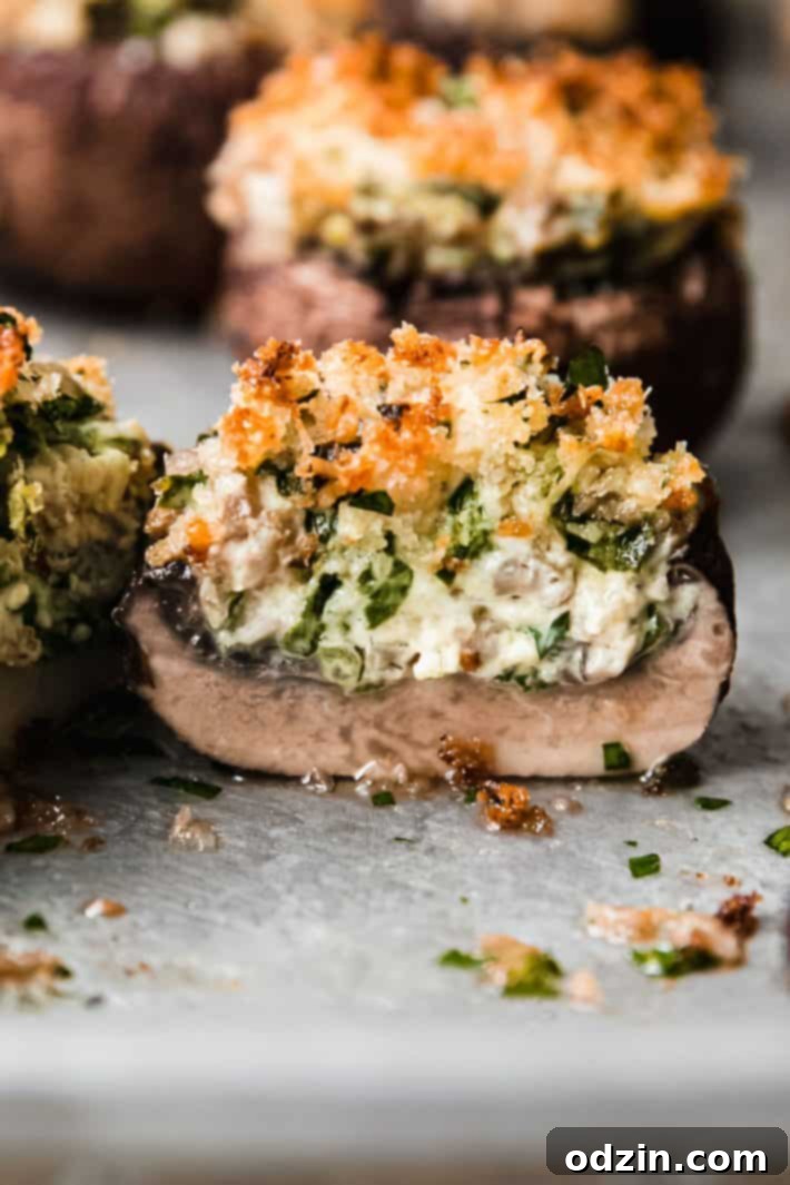 cut mushroom cap showing cream cheese filling