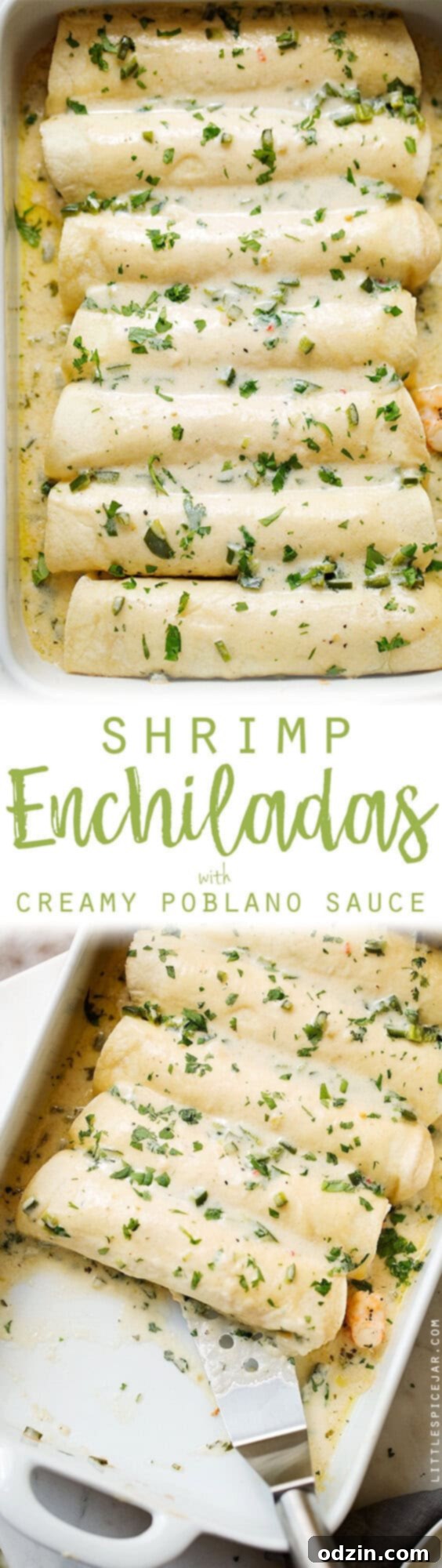Shrimp Enchiladas with Creamy Poblano Sauce - Simple and delicious shrimp enchiladas stuffed with fresh baby spinach and matchstick carrots. Then drizzle with the creamiest cheese and poblano sauce! #shrimpenchiladas #enchiladas #seafoodenchiladas #mexicanfood | Littlespicejar.com @Littlespicejar shrimp enchilada log pin for pinterest