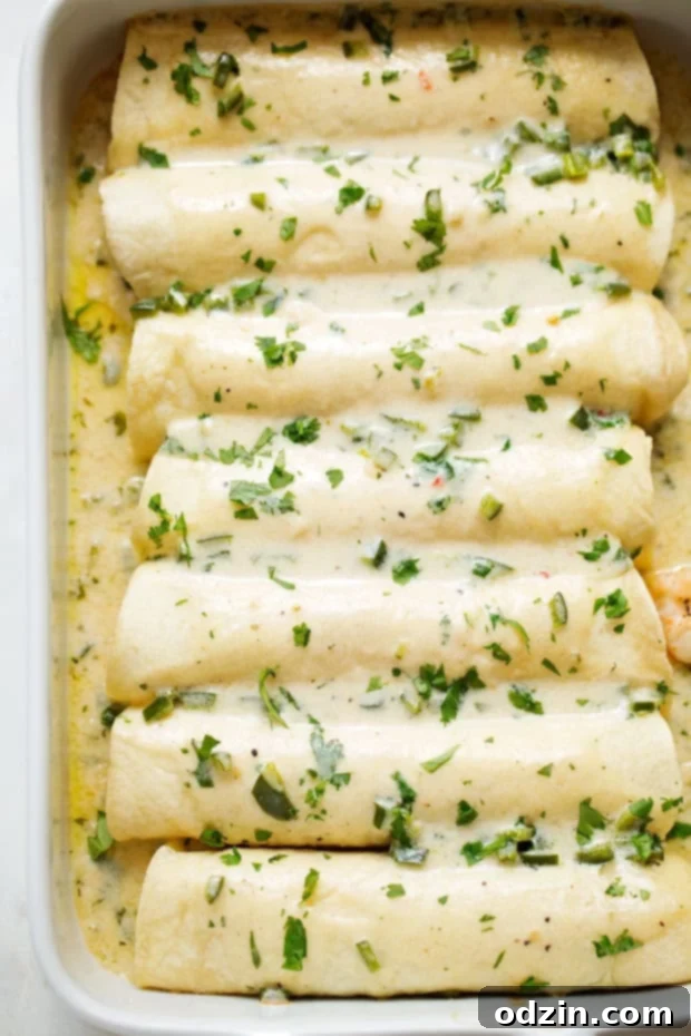 Shrimp Enchiladas with Creamy Poblano Sauce - Simple and delicious shrimp enchiladas stuffed with fresh baby spinach and matchstick carrots. Then drizzle with the creamiest cheese and poblano sauce! #shrimpenchiladas #enchiladas #seafoodenchiladas #mexicanfood | Littlespicejar.com @Littlespicejar Shrimp Enchiladas topped with poblano and cilantro