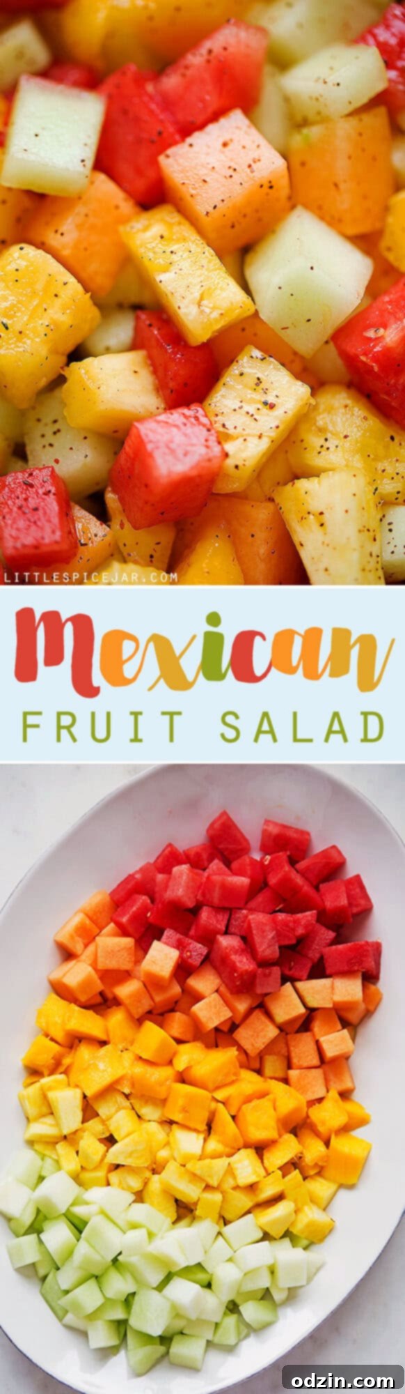 Mexican Fruit Salad - a fruit salad that combines watermelon, cantaloupe, honey dew, and mangoes that are tossed in a sweet spicy dressing! Perfect for summer! #mexicanfruit #fruitsalad #salad #mexicanfruitsalad | Littlespicejar.com