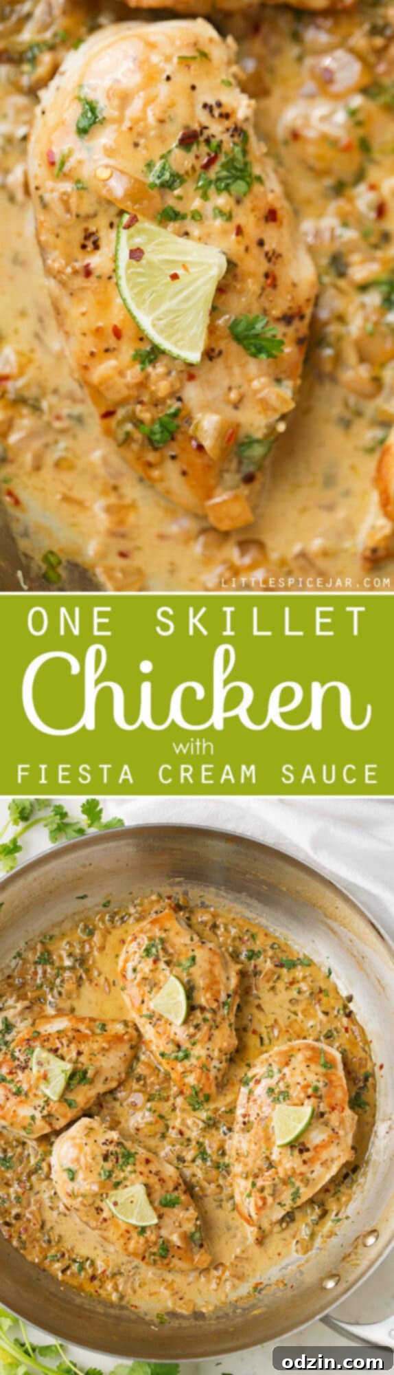One Skillet Chicken with Fiesta Cream Sauce - a simple, 30 minutes, one skillet recipe topped with a cilantro, lime, jalapeño, and garlic flavored sauce. #oneskilletchicken #skilletchicken #chickendinner | Littlespicejar.com One Skillet Chicken with Fiesta Cream Sauce, a generous portion ready to be enjoyed as a quick and flavorful chicken dinner. Ideal for a 30-minute meal.