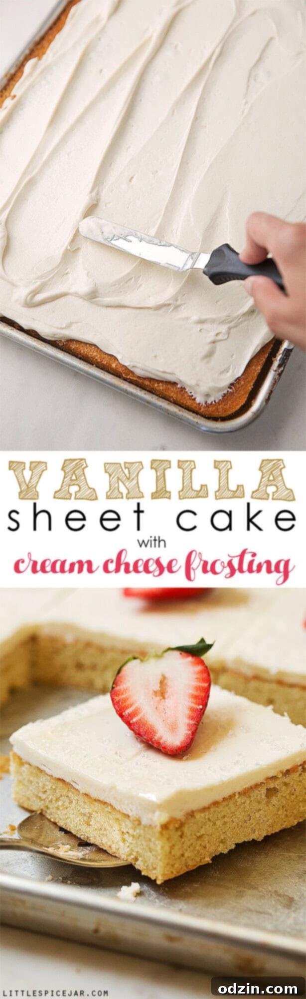 Texas-sized vanilla sheet cake with cream cheese frosting - a simple vanilla sheet cake with a sweet and tangy frosting! So good and feeds a crowd! #creamcheesefrosting #vanillasheetcake #texassheetcake #sheetcake | Littlespicejar.com Texas-sized vanilla sheet cake with cream cheese frosting - a simple vanilla sheet cake with a sweet and tangy frosting! So good and feeds a crowd! #creamcheesefrosting #vanillasheetcake #texassheetcake #sheetcake | Littlespicejar.com
