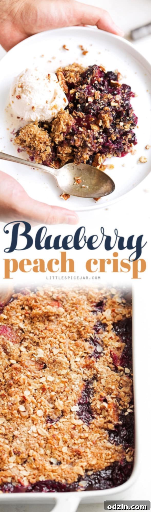 Serving Blueberry Peach Crisp with Vanilla Ice Cream A beautifully presented serving of warm Blueberry Peach Crisp with a generous scoop of vanilla ice cream melting on top.