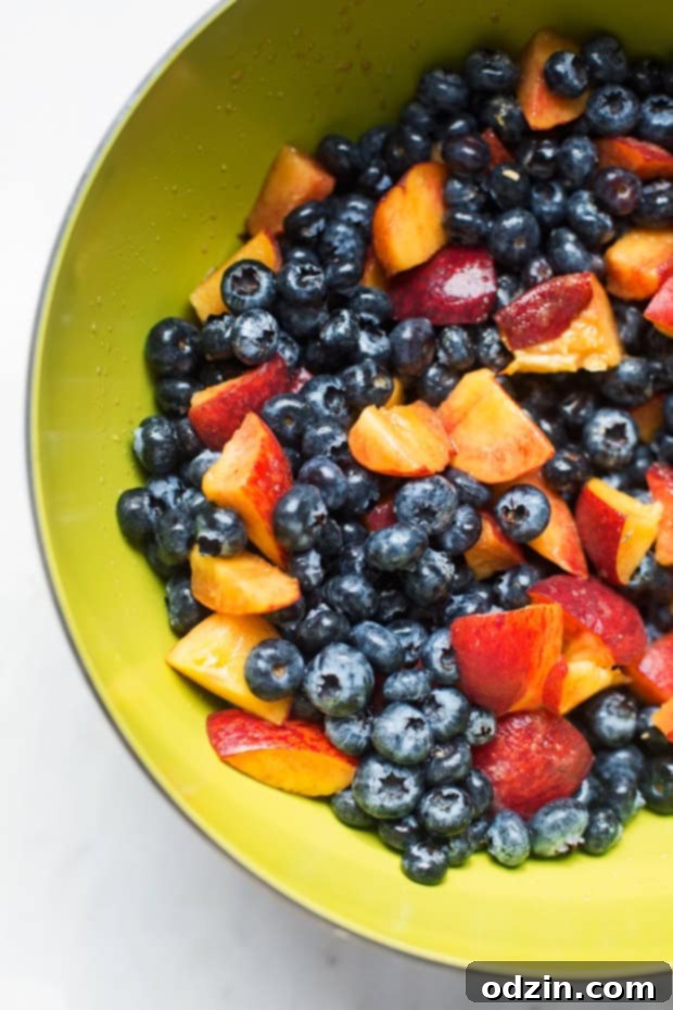 Homemade Blueberry Peach Crisp - A super summery dessert topped with a pecan and oat crumble #blueberrycrisp #peachcrisp #blueberrycrumble #peachcrumble | Littlespicejar.com Another beautiful shot of the Blueberry Peach Crisp, showcasing the texture of the crisp topping and the juicy fruit filling. Great for a summer party.