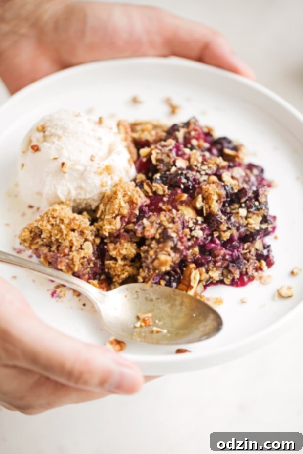 Easy Blueberry Peach Crisp - A super summery dessert topped with a pecan and oat crumble #blueberrycrisp #peachcrisp #blueberrycrumble #peachcrumble | Littlespicejar.com Overhead shot of the complete Blueberry Peach Crisp in a baking dish, showcasing its inviting golden crust and colorful fruit filling.