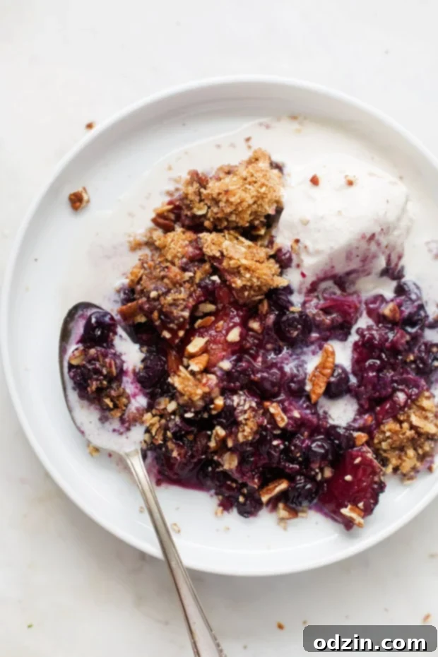 Summer Blueberry Peach Crisp - A super summery dessert topped with a pecan and oat crumble #blueberrycrisp #peachcrisp #blueberrycrumble #peachcrumble | Littlespicejar.com Another enticing view of the baked Blueberry Peach Crisp, emphasizing the texture and golden perfection of the streusel topping.