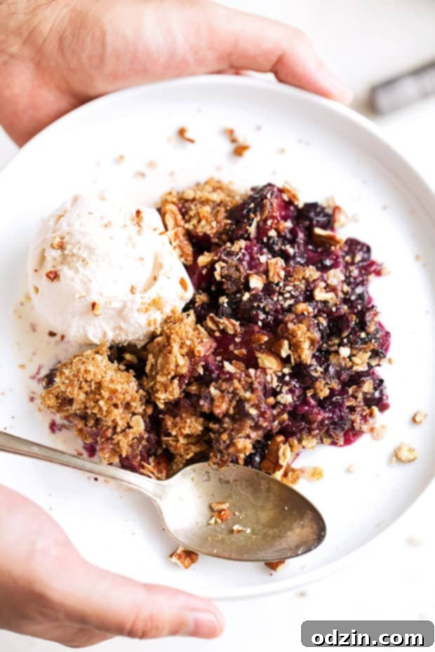 A final picture of the Blueberry Peach Crisp, showcasing its perfect bake.