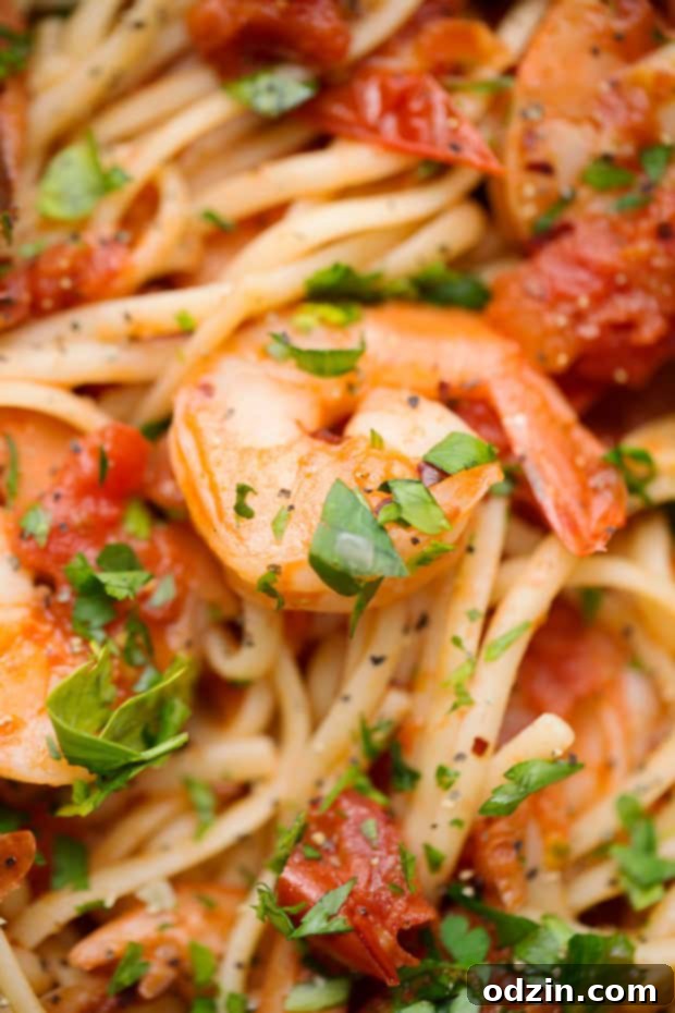 close up of spicy tomato and shrimp tossed with linguine and topped with parsley