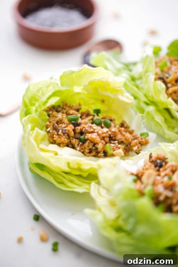 Easy Chicken Lettuce Wraps - Only 100 simple calories in this flavor loaded chicken lettuce wraps that are full of protein and perfect for light and healthy lunches and dinners! #chickenlettucewraps #asianchickenlettucewraps #lettucewraps | Littlespicejar.com