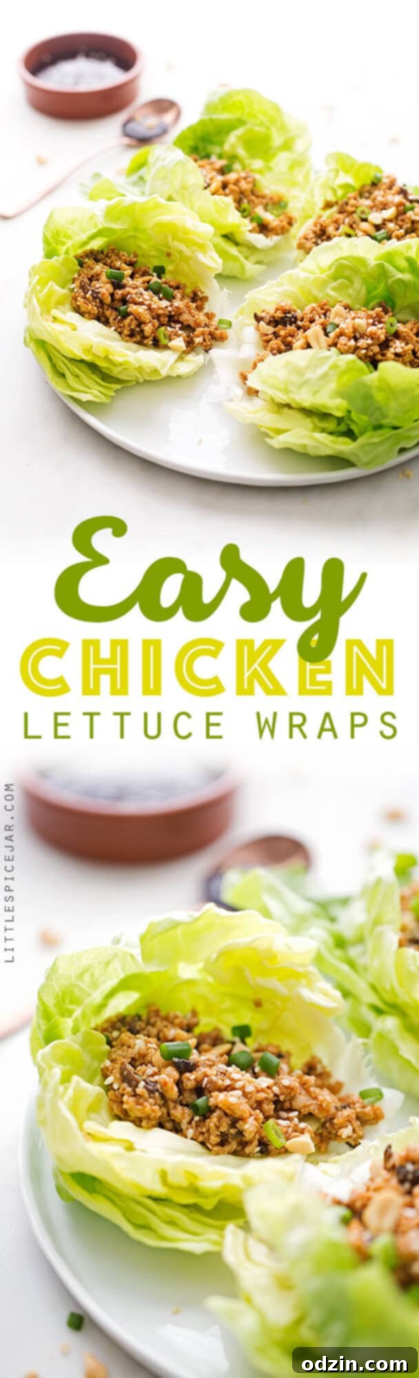 Easy Chicken Lettuce Wraps - Only 100 simple calories in this flavor loaded chicken lettuce wraps that are full of protein and perfect for light and healthy lunches and dinners! #chickenlettucewraps #asianchickenlettucewraps #lettucewraps | Littlespicejar.com