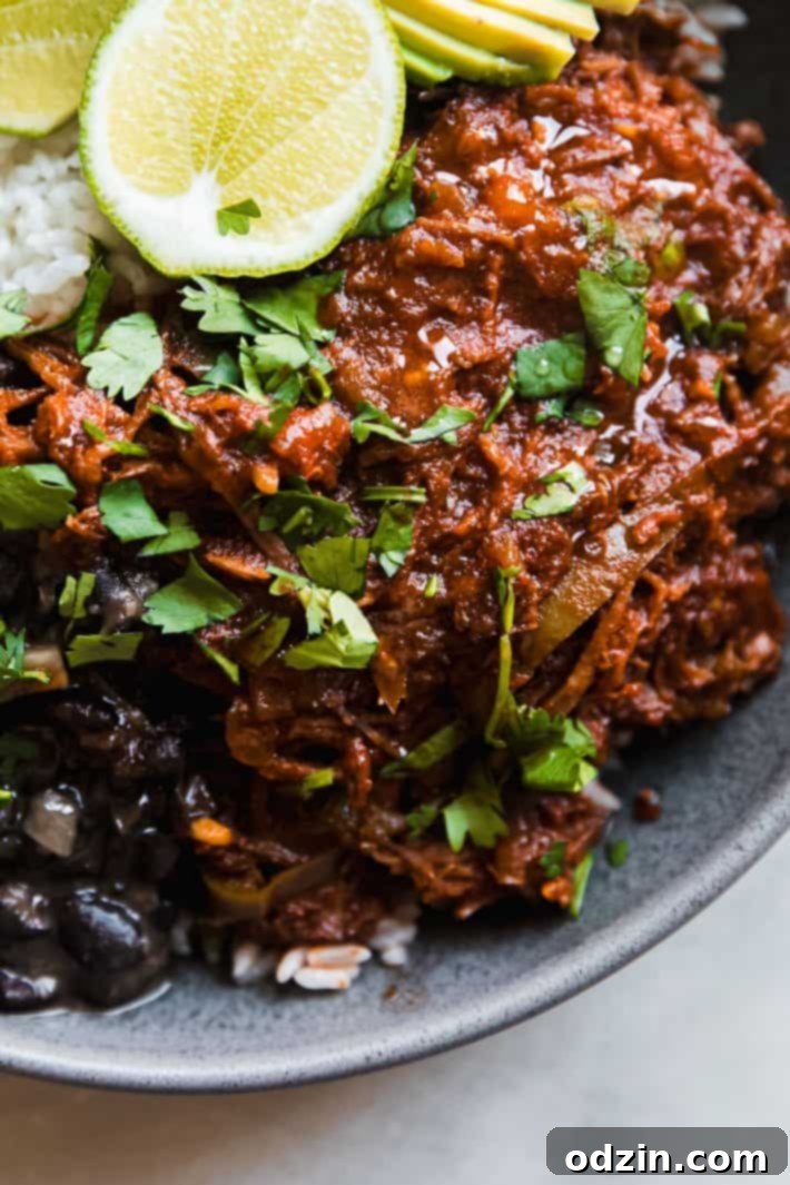 Melt-in-Your-Mouth Cuban Ropa Vieja 3 Another perspective of Ropa Vieja, highlighting its rich, tomato-based sauce and tender shredded texture.