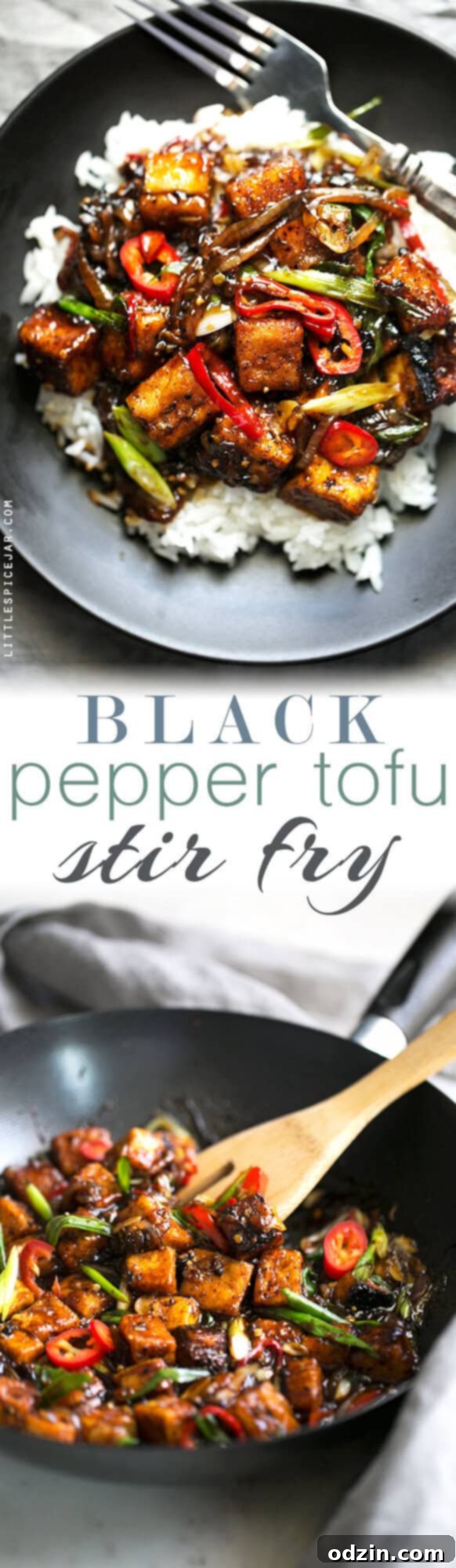 Black Pepper Tofu Stir Fry - Full view of the delicious crispy black pepper tofu stir fry, ready to be served. A healthy and quick vegan dinner. #veganstirfry #stirfry #blackpeppertofu #tofu