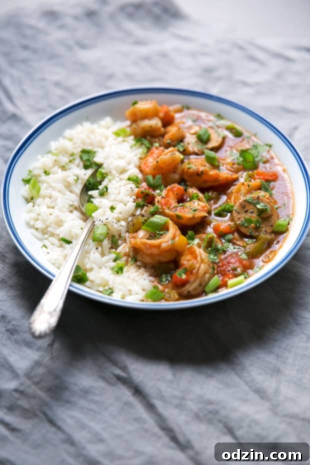New Orleans Shrimp and Sausage Gumbo 5 plate of white rice with scallions and gumbo on a grey napkin