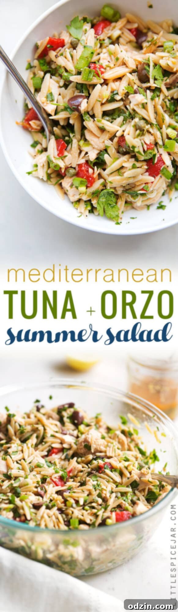 Stacked bowls of Mediterranean Tuna Orzo Summer Salad, perfect for meal prep