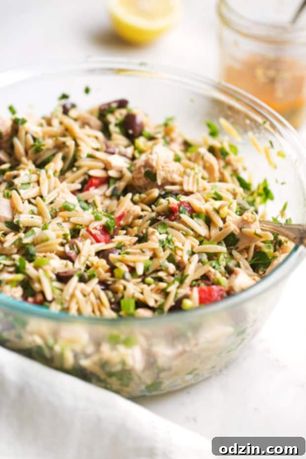 Overhead shot of a colorful Mediterranean Tuna Orzo Summer Salad