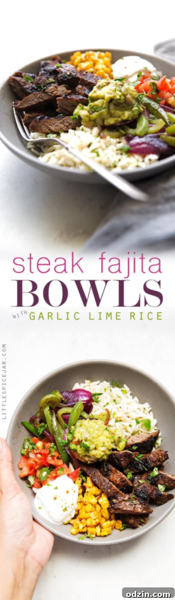 Homemade steak fajita bowls with garlic lime rice. These fajita bowls taste even better than the ones at Chipotle! The secret is the homemade marinade for the steak... it is to DIE for! #steakfajita #steakfajitabowls #fajitabowls #bowls | littlespicejar.com Homemade steak fajita bowls with garlic lime rice. These fajita bowls taste even better than the ones at Chipotle! The secret is the homemade marinade for the steak... it is to DIE for! #steakfajita #steakfajitabowls #fajitabowls #bowls | littlespicejar.com