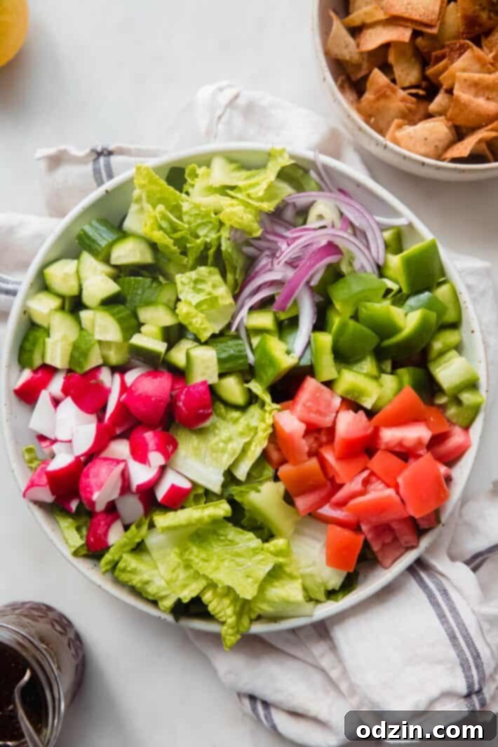 radishes, cucumbers, onions, bell peppers and tomatoes on a bed on lettuce in bowl