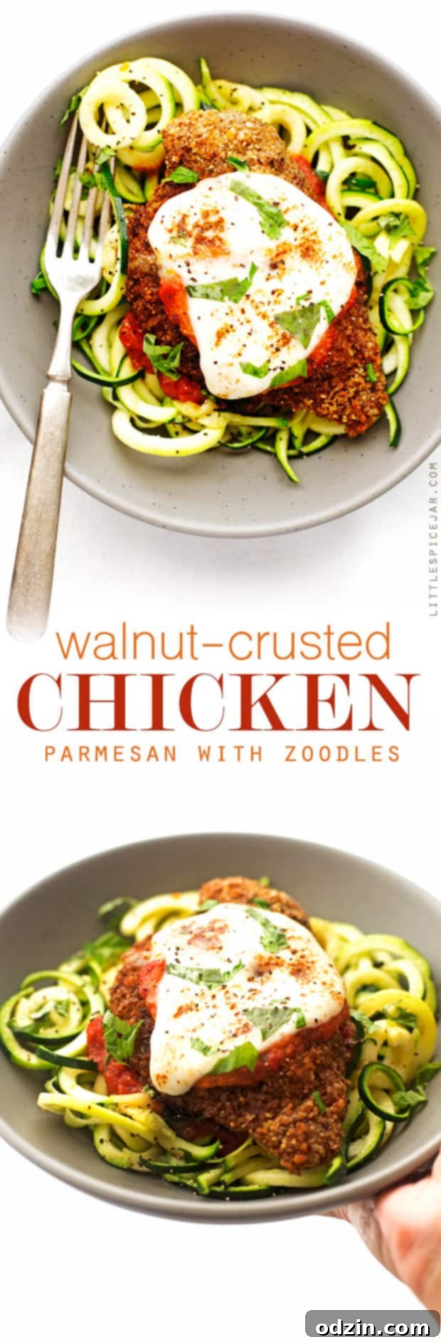 Walnut Crusted Healthy Chicken Parmesan with Zoodles - A healthier take on the chicken parm - we're using walnuts to coat the chicken so it's healthier but still has that crunch! #healthychickenparmesan #walnutcrustedchicken #bakedchicken #chickenparmesan | Littlespicejar.com
