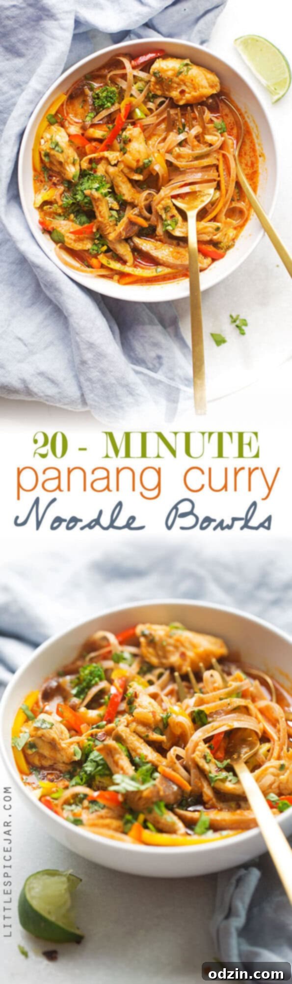 20 Minute Panang Curry Noodle Bowls - A quick, easy, and healthyish recipe for curry noodles topped with your favorite veggies. Comfort in a bowl! #curry #currynoodlebowls #noodlebowls #panangcurry | Littlespicejar.com