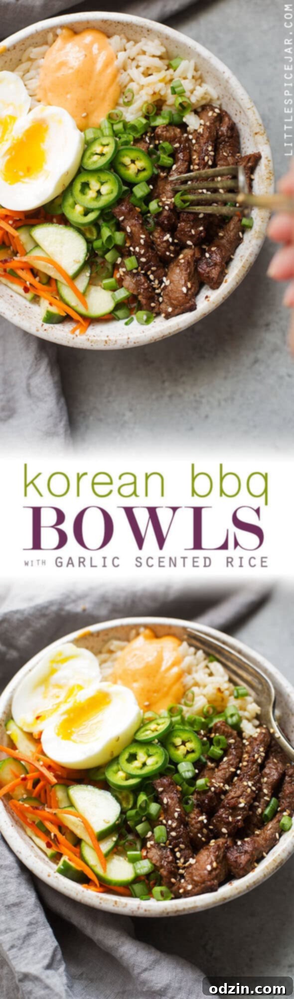 Korean BBQ Bowls with Garlic Scented Rice - Warm, comforting bowls with marinated steak, garlic rice, and a pickled cucumber salad. It's seriously amazing! #koreanbbqbowls #bowls #garlicrice | Littlespicejar.com