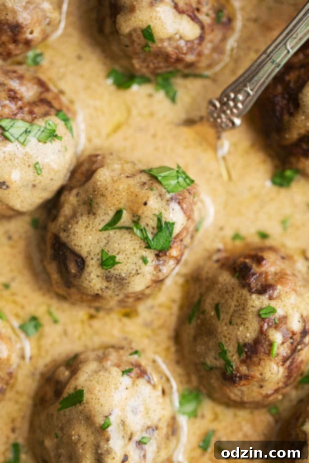 close up of browned meatballs drizzled in Swedish brown cream sauce and sprinkled with parsley