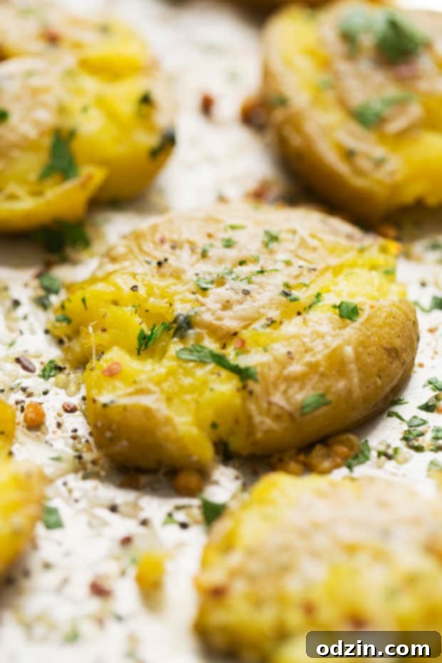 Parmesan Garlic Smashed Potatoes - an easy side dish or the perfect snack for football season! #smashedpotatoes #garlicsmashedpotatoes #potatoskins | Littlespicejar.com