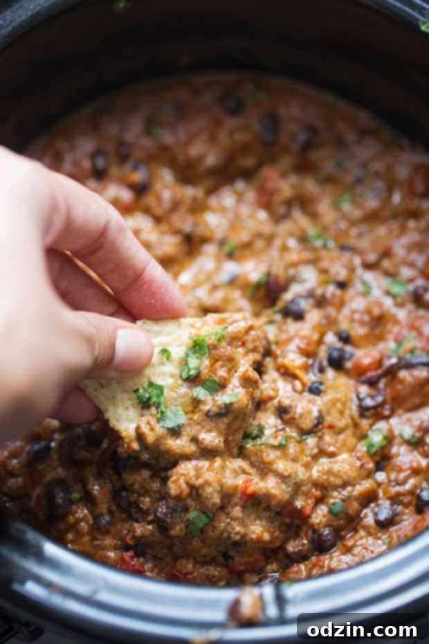 The BEST Cheesy Chili Dip - made with a homemade taco seasoning and NO Velveeta - just simple homemade cheese sauce! So good! #chilicheesedip #cheesychilidip #chilidip | Littlespicejar.com