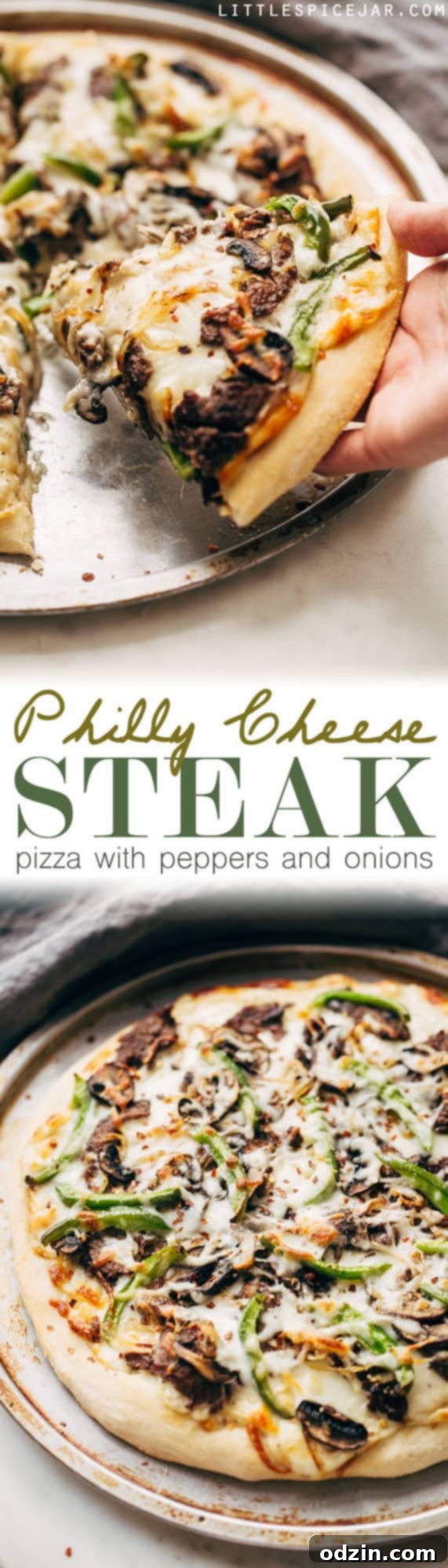 Full view of the finished Philly Cheese Steak Pizza, highlighting its generous toppings and golden crust, ready to be enjoyed.