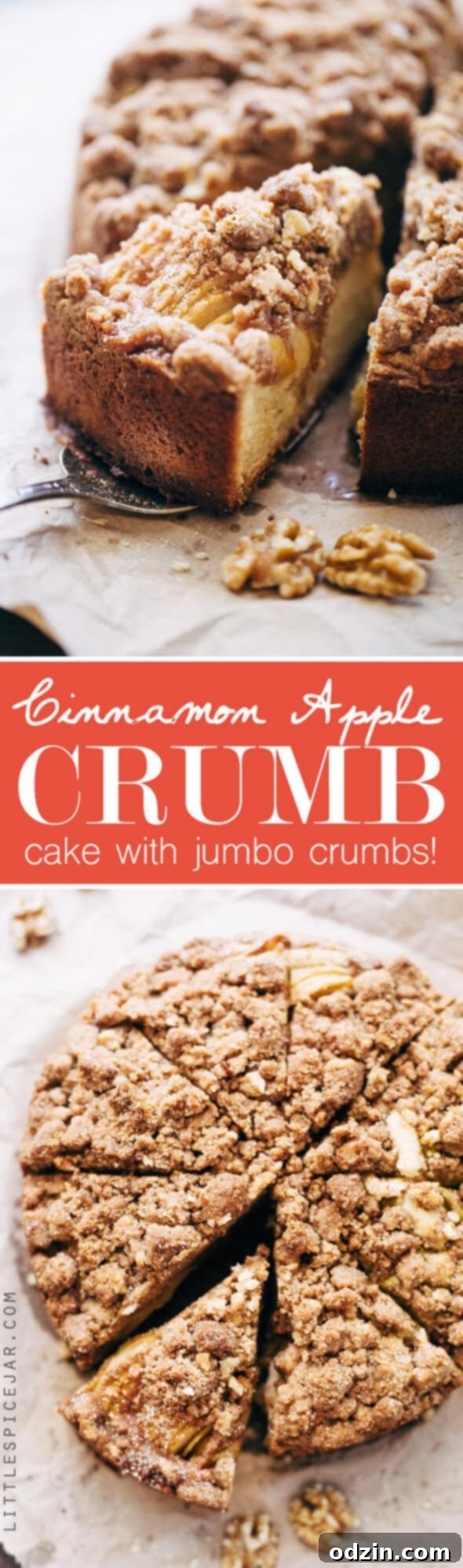 Cinnamon Apple Crumb Cake - A simple coffee cake topped with sliced apples and lots of jump lump crumbs. The perfect accompaniment to coffee of a crisp fall morning! #coffeecake #applecrumbcake #crumbcake | Littlespicejar.com Large, delicious slices of Cinnamon Apple Crumb Cake ready to be served.