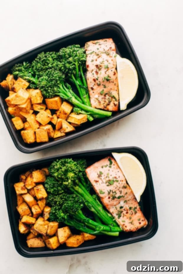 MEAL PREP - Lemon Roasted Salmon with Sweet Potatoes and Broccolini - an easy way to heat healthier without cooking every single day. Great for lunches or busy weeknight dinners! #mealprep #lemonroastedsalmon | Littlespicejar.com