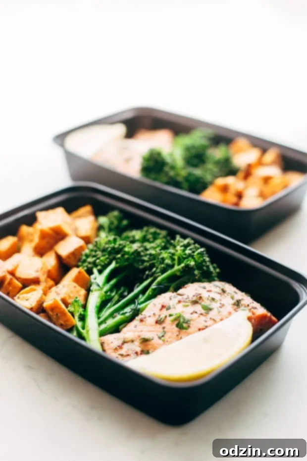 MEAL PREP - Lemon Roasted Salmon with Sweet Potatoes and Broccolini - an easy way to heat healthier without cooking every single day. Great for lunches or busy weeknight dinners! #mealprep #lemonroastedsalmon | Littlespicejar.com