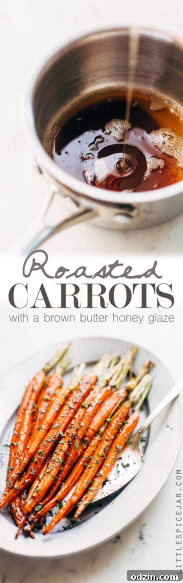 Overhead shot of a platter of freshly roasted brown butter honey glazed carrots, beautifully garnished and ready for serving.